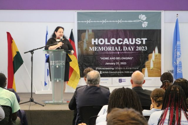 H. E. Shlomit Sufa addressing guests at the 2023 International Holocaust Remembrance Day event